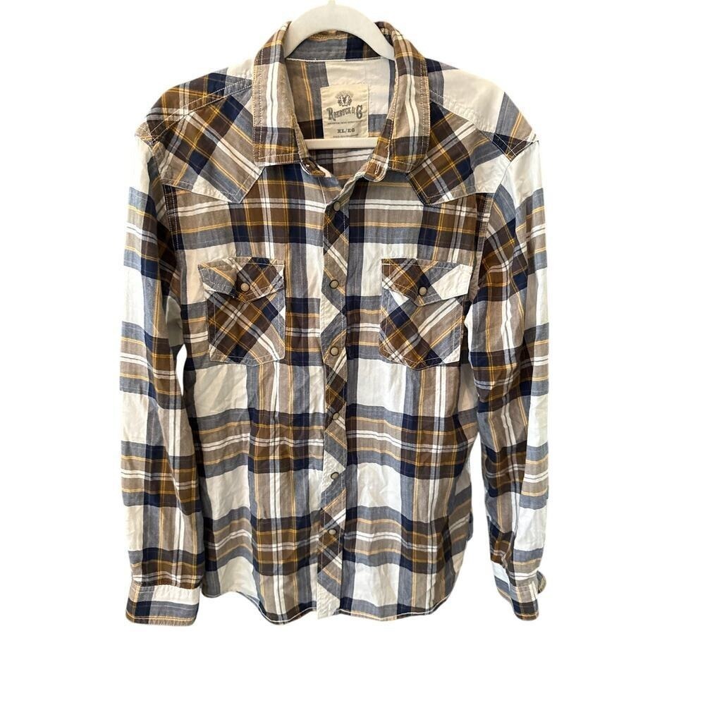 Roebuck & Co Mens Western Plaid Shirt Snap XL White Blue Yellow Casual Cotton